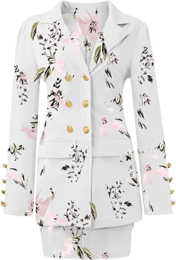 Women High Waist Blazer & Skirt 2 Piece Set Outfit Office Business Work Wear Attire Casual Suit White Flowers Large