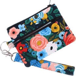 double zipper keychain pouch minimalist wristlet wallet 2 pocket zipper bag ID holder women gift for her key fob lanyard Rifle paper