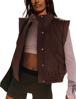 Lviefent Womens Puffer Vest Cropped Lightweight Button Down Quilted Vest Sleeveless Padded Gilet Coat with Pockets Brown Medium