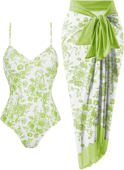 Women's One Piece Swimsuit with Beach Cover Up Retro Floral Print Bathing Suits with Coverup Set Sarong Wrap Swim Suit 1 Piece Swimwear Set with Matching Skirt Light Green Floral Large
