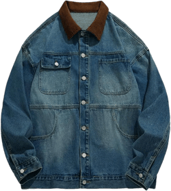 Men's Denim Jacket With American Corduroy Collar And Large Pockets, Solid Color Casual Loose Denim Jacket Large Blue
