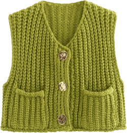 Flygo Womens Sleeveless Sweater Vest 2025 Spring Summer Crop Knit Top Chunky Crochet Button Cardigan Sweaters Olive Medium