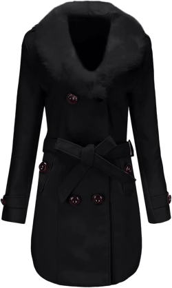 tuduoms Women Fashion Faux Fur Collar Trench Coat Double-Breasted Wool Blend Pea Coat Long Slim Jacket Windbeaker Dress Coats