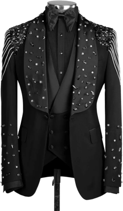 3 Piece Men's Tuxedo Suits Luxury Rhinestone Shawl Lapel Blazers Slim Jacket Vest Pants Sets for Wedding,Prom,Party Black 5X-Large