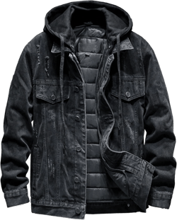 JEKE-DG Men's Distressed Denim Hoodie Jacket Button Up Washed Casual Jean Coat Long Sleeve Trucker Hooded Jackets Large Black