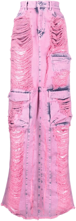 frayed-denim cargo maxi skirt