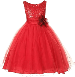 Girl's Sequin Double Mesh Flower Dress - Red