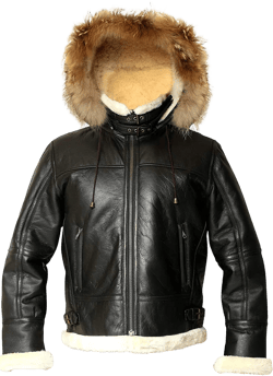 Men B3 Bomber Real Shearling Aviator Black Sheepskin Leather Pilot Flight Jacket Removable Hood