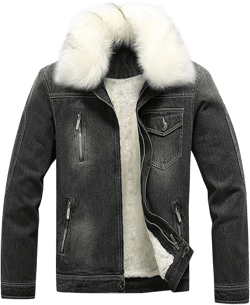 Men's Fur Collar Denim Jacket Male Sherpa Lined Distressed Denim Trucker Jacket Men Winter Warm Faux Fur Jean Coat