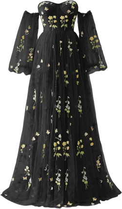 Basgute Puffy Sleeve Flower Embroidery Tulle Prom Dresses for Women Long A Line Fairy Maxi Formal Evening Party Gown Long-black 2
