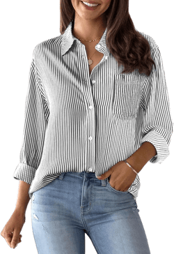 Womens Button Down Shirts Cotton Striped Dress Shirts Long Sleeve Button Up Collared Office Work Blouses Tops Small All Black and White