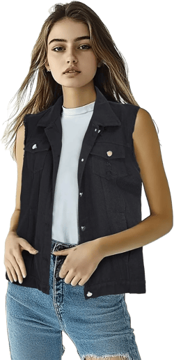 Women's Lapel Blue Denim Vest Buttoned Vest Jacket Medium Black