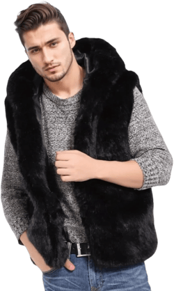 AMTFBY Men's Warm Faux Fur Hooded Waistcoat Short Vest Jacket Coat Sleeveless Outwear X-Large Black