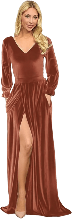 Women's Velvet Long Sleeve A Line Burnt Orange Bridesmaid Dresses Long with Slit V Neck Formal Evening Gowns US16W Plus Size