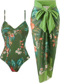 Women's One Piece Swimsuit with Beach Cover Up Retro Floral Print Bathing Suits with Coverup Set Sarong Wrap Swim Suit 1 Piece Swimwear Set with Matching Skirt Dark Green Floral X-Large