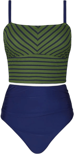 CUPSHE Women's Tankini Sets Square Neck Elastic High Waisted Two Piece Bathing Suits Adjustable Straps Swimwear Olive Green/Navy Striped Medium