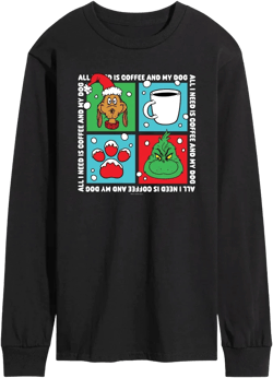Men's Dr. Seuss The Grinch Christmas All I Need Is Coffee & My Dog Long Sleeve Graphic T-Shirt - Black - X-Large
