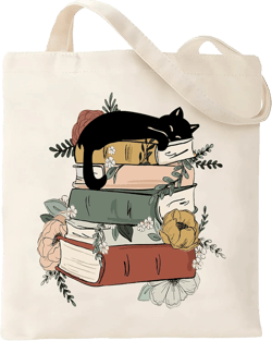 Jakayla Cute Book Tote Bag - Black Cat Canvas Tote Bag With Interior Pockets - Flowers & Aesthetic Design For Women & Readers : Home & Kitchen