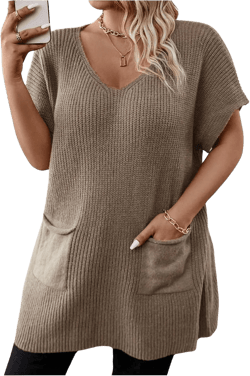 OYOANGLE Women's Plus Size Short Sleeve V Neck Mini Sweater Dress Pullover Tunic Sweater Vest Causal Loose Knitted Tops