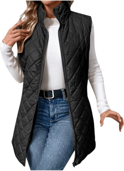 Women Mid Length Puffer Vest Lightweight Quilted Gilet Winter Warm Zip Up Sleeveless Down Jacket Fashion Waistcoat