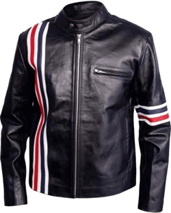 Mens Black Leather Biker Jacket, Fully Lined, USA Flag Back, Multiple Zip Pockets, Red White Blue Accents X-Large Black