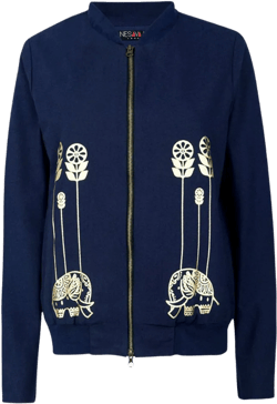 Women's Blue Navy Metallic Printed Bomber Jacket