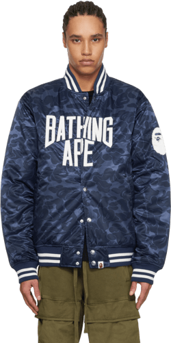 Navy Solid Camo Nyc Logo Varsity Bomber Jacket
