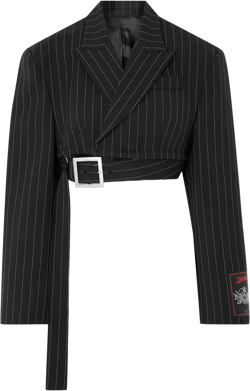 Pinstripe Wool Cropped Tailored Jacket With Zip Off Belt In Black