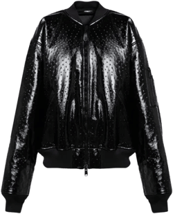 Black Leather Ostrich-effect Bomber Jacket