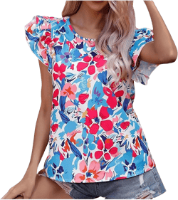 Women's Floral Printed Summer Tops Loose Fit Crewneck Ruffle Flutter Short Sleeve Tunic T-Shirts Trendy Casual Tees Blouse 02 Multicolor Large