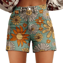 Denim Shorts for Women Vintage Boho Floral Print Denim Jeans Casual High Waist Slim Bermuda Short Retro Y2K Streetwear Light Blue#15-hawaii Medium