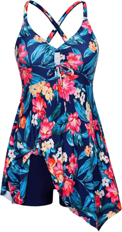 Hanna Nikole Women Plus Size One Piece Swimsuit Cut Out Adjustable Bathing Suit Tummy Control Swim Dress Swimwear with Shorts 12 Plus Navy Blue Floral