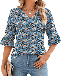 LOMON 3/4 Length Sleeve Womens Tops Summer Loose V-Neck Eyelet T-Shirts Dressy Casual Ruffle Sleeve Tunic Blouses Floral 1 XX-Large