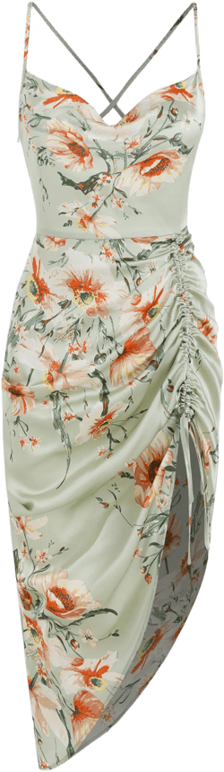 Floral Satin Ruched Midi Dress