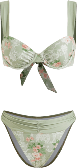 V-neck Floral Ruched Underwire Bikini Set