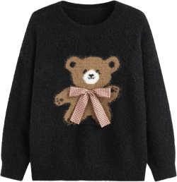Knit Wool-blend Round Neckline Solid Bear Bowknot Long Sleeve Top Curve & Plus