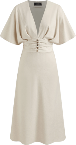 Linen-blend V-neck Solid Ruffle Ruched Midi Dress