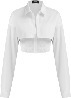 Cotton-blend Collar Solid Long Sleeve Crop Shirt With Solid Shirred Button Tube Top