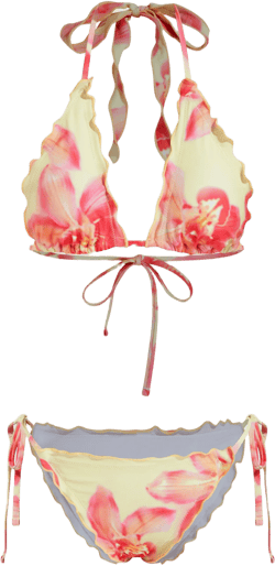 V-neck Floral Knotted Lettuce Trim Halter Tie Side Bikini Set