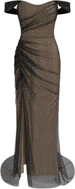 Mesh Off-shoulder Solid Rhinestone Rucned Split Maxi Dress