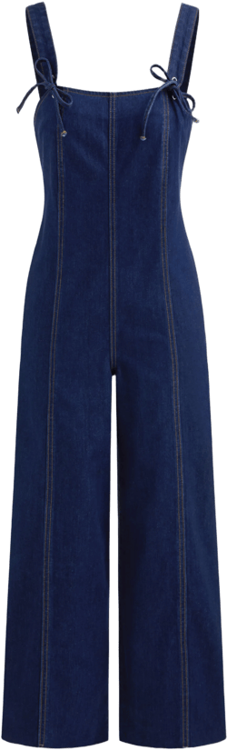 Denim Solid Bowknot Pocket Zipper Jumpsuit