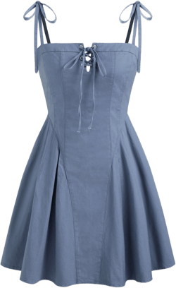 Cotton-blend Square Neck Solid Knotted Ruffle Lace Up Mini Dress