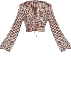 Brown Tie Front Gingham Blouse