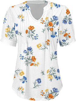 Womens V Neck Tops Puff Short Sleeve T-Shirt Pleated Floral Printed Tunic Blouse Shirts Casual Summer Loose Fit Boho Blouses 05- Beige Medium