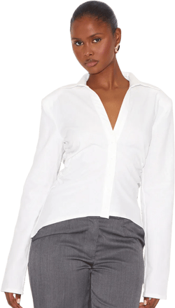 White Linen Blend Shoulder Padded Fitted Shirt