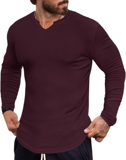Men's Long Sleeve Muscle T-Shirt Slim Fit V-Neck Stretchy Athletic Tee Shirt S-XXL
