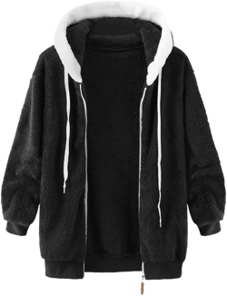 TIAFORD Women's Sherpa Jacket Fuzzy Fleece Zip Up Hoodie Oversized Jackets Winter Warm Fluffy Coat with Pockets Warm Black Large