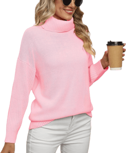Jouica Women 2025 Fall Casual Turtleneck Batwing Sleeve Chunky Oversized Ribbed Knit Tunic Sweaters Pullover XX-Large Light Pink