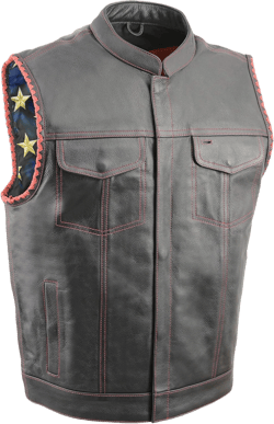 Milwaukee Leather Men's Leather Club Style Biker Vest - Braided Armholes - Flag Liner - Red, Grey, White & Black Variations Red Stitching Small