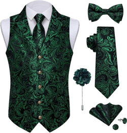 DiBanGu Silk Paisley Vest for Men Wedding Waistcoat and Necktie Bowtie Lapel Pin Set 7PCS Dress Vests for Suit or Tuxedo XX-Large Black and Green Paisley